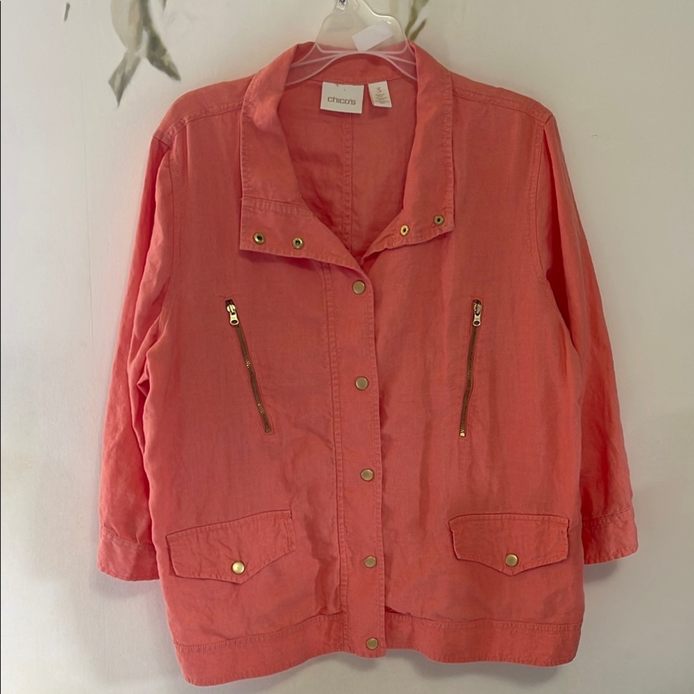 Chico's Coral Peach Linen Jacket with Gold Buttons Zipper